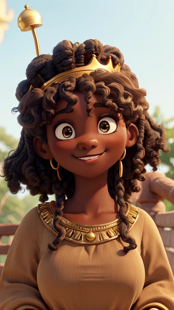 with big black curly hair wearing a golden crown smiling at the camera her eyes are the color of jabuticabas