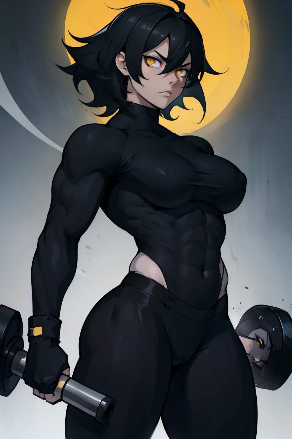 pale angry muscular girl thick breast black hair yellow eyes hair between eyes matte black spandex matte black spandex matte black spandex matte black spandex 