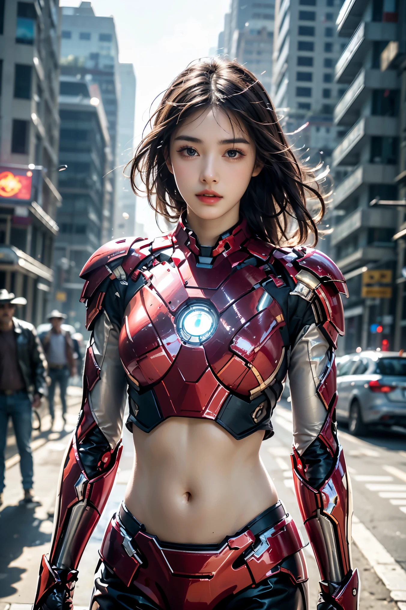 A girl wearing Iron Man armor，Exposing sexy belly,((cowboy shot))，Looking at the camera，Detailed facial features, beautiful eyes, Lips, and long eyelashes, Reality, 8K， Very detailed, Studio Lighting, Dramatic Lighting, Vibrant colors, work, City Streets，The abdomen is open，Showing belly，Sexy abdominal muscles