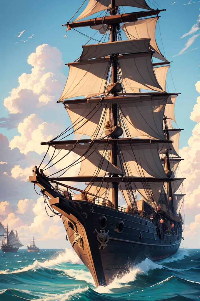pirate ship sailing and in combat