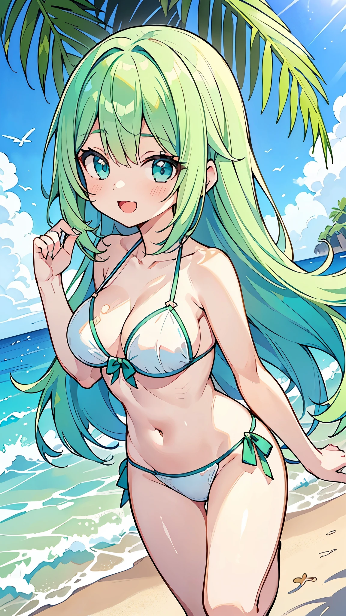 ((A Pretty girl with green hair and blue eyes)), ((wearing the white colored bikini)), Baby face, ((top-quality, master piece, ultra-definition, high resolution)), anime girl, ((ultra-detailed illust:1.2)), only one person, bangs, hair between eye, beautiful hair, Beautiful eyes, medium breasts, Big smile, opened mouth, on the beach, ((jumping in the air))