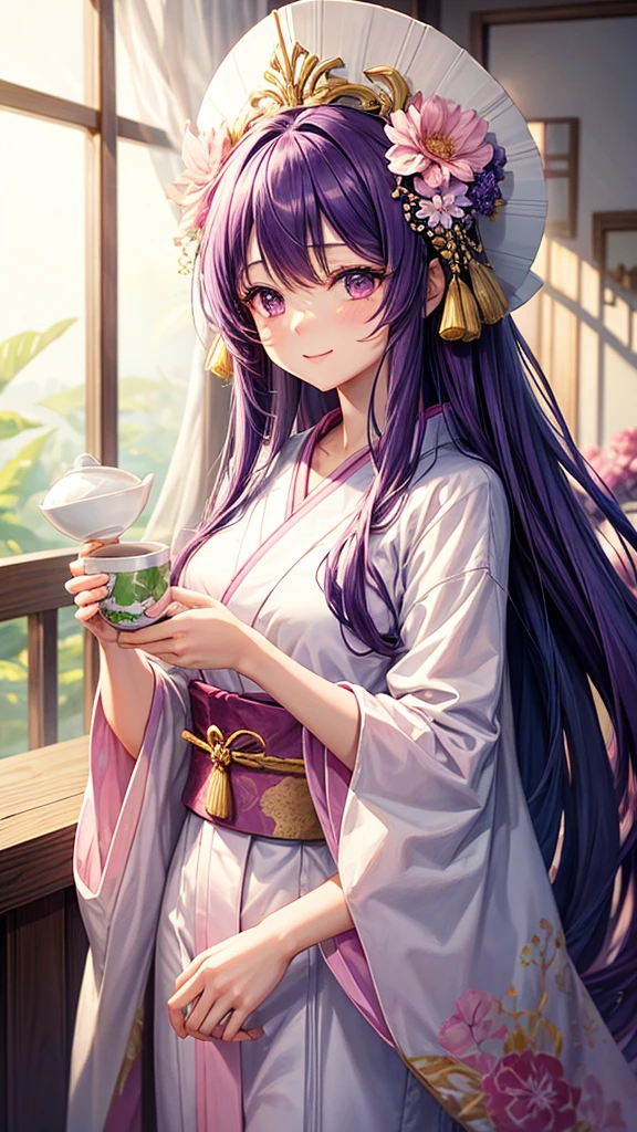 A young woman with long purple hair, wearing a white and pink kimono with a large flower on her head, holds a cup of tea in her hands. She has a gentle smile on her face and is surrounded by a delicate aura. The background is a soft pink and purple with a hint of gold.

[Anime style, soft and delicate, inspired by the works of Mihoyo and Pixiv artists], [soft lighting, pastel colors, smooth textures, slight blur effect on the background, shallow depth of field]