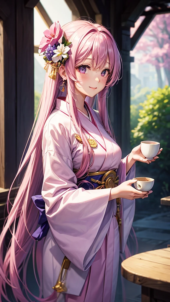 A young woman with long purple hair, wearing a white and pink kimono with a large flower on her head, holds a cup of tea in her hands. She has a gentle smile on her face and is surrounded by a delicate aura. The background is a soft pink and purple with a hint of gold.

[Anime style, soft and delicate, inspired by the works of Mihoyo and Pixiv artists], [soft lighting, pastel colors, smooth textures, slight blur effect on the background, shallow depth of field]