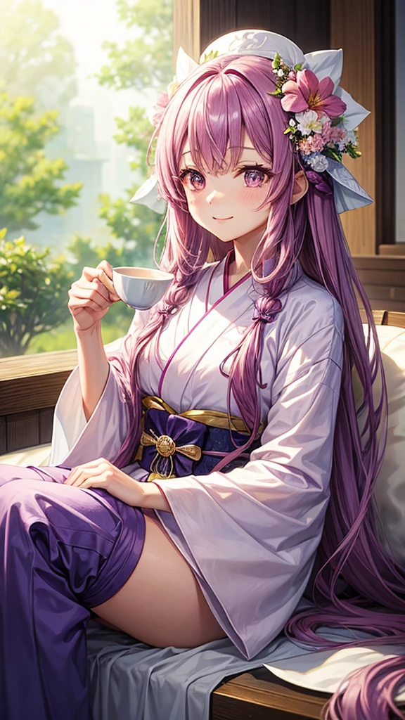A young woman with long purple hair, wearing a white and pink kimono with a large flower on her head, holds a cup of tea in her hands. She has a gentle smile on her face and is surrounded by a delicate aura. The background is a soft pink and purple with a hint of gold.

[Anime style, soft and delicate, inspired by the works of Mihoyo and Pixiv artists], [soft lighting, pastel colors, smooth textures, slight blur effect on the background, shallow depth of field]