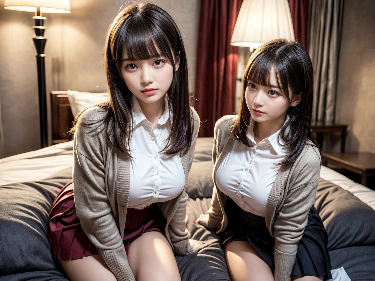 (RAW photo, 4k, masterpiece, high resolution, extremely complex) (realistic: 1.4),
((2 girls)),,blushing,((innocent)),bright eyes,round eyes,blunt bangs,(straight hair:1.3),black hair,medium breasts,wide hips,, 15 year old girl、cute type、lolita, (Best Quality), (Highres), (an Extremely Delicate and Beautiful),(Beautiful 8k face),(Brown eyes),short bob hair,( spectators),(medium breasts),(Play with each other,Touching each other's bodies,Touching the body), (detailed cloth texture, long sleeves light brown cardigan:1.2, white collared shirt, light grey pleated skirt), white thigh-high, dark red tie, (reality),bright lighting,(The background is a luxury hotel room)