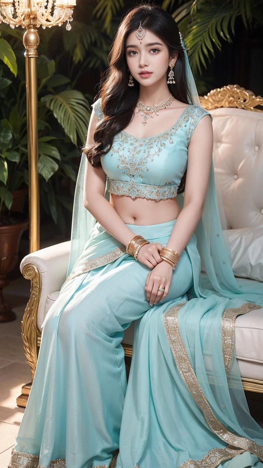 (best quality, ultra-detailed, realistic:1.37), professional, beautiful detailed eyes, beautiful detailed lips, detailed facial features, natural skin tones, perfect skin texture, delicate facial expressions, image in high resolution, realistic face, realistic skin, plain face, natural smile, highly detailed hair, 20 years, (Kiran, beautiful Indian young woman), radiates cyan bridal glamour in an exquisite Lehenga Choli adorned with intricate embroidery and ornate jewelry. The high-resolution image captures ultra-detailed realism, highlighting Kiran's captivating eyes, sitting, expressive lips, and graceful facial features, enhancing her bridal beauty. The soft lighting and floral decorations create a visually stunning representation of traditional Indian weddings and the joyous celebration of love, Beautiful garden background.