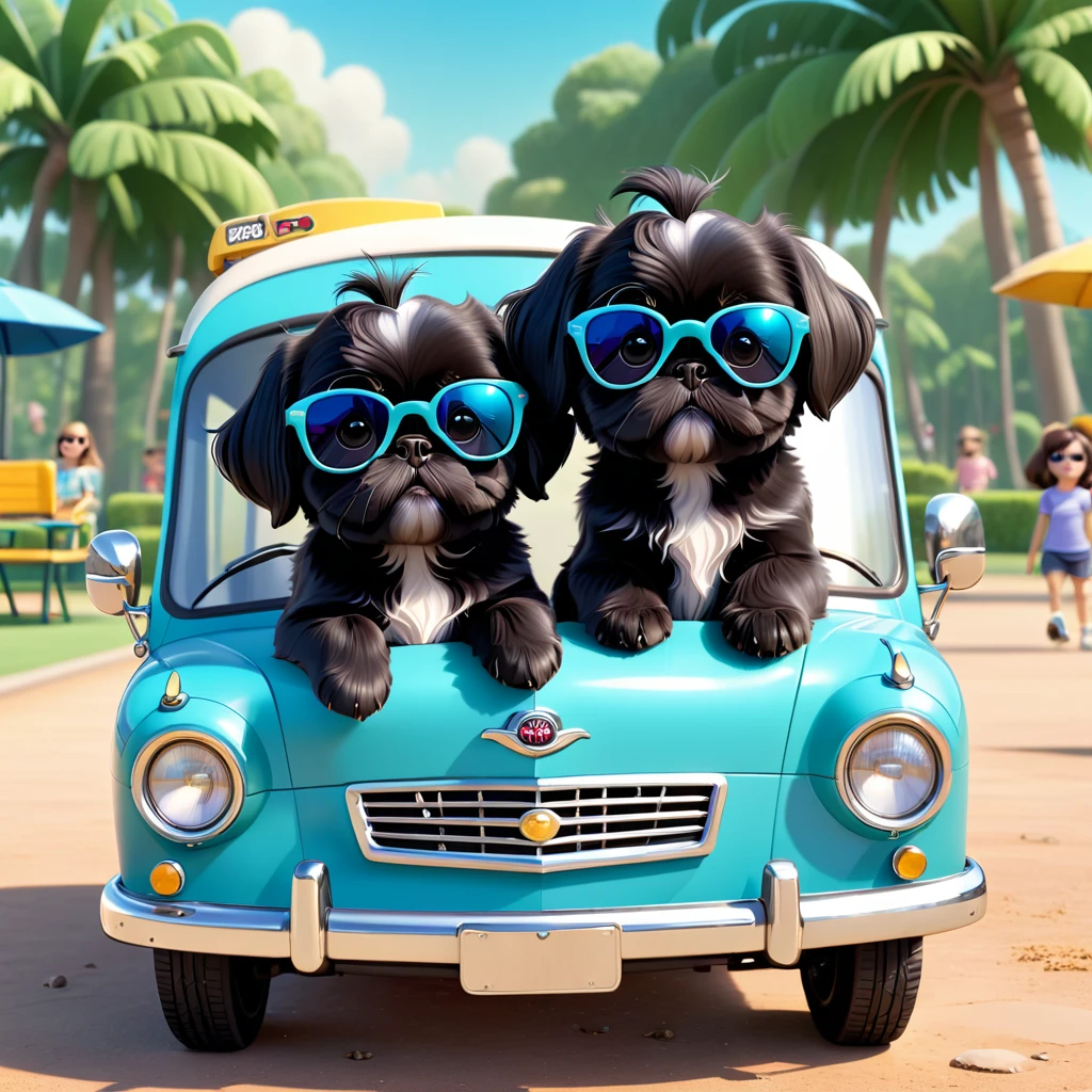 2 Adorable small black Shih Tzu puppies wearing sunglasses wreck bus at dog park Disney background 3d cartoon 3d render disney pixar style