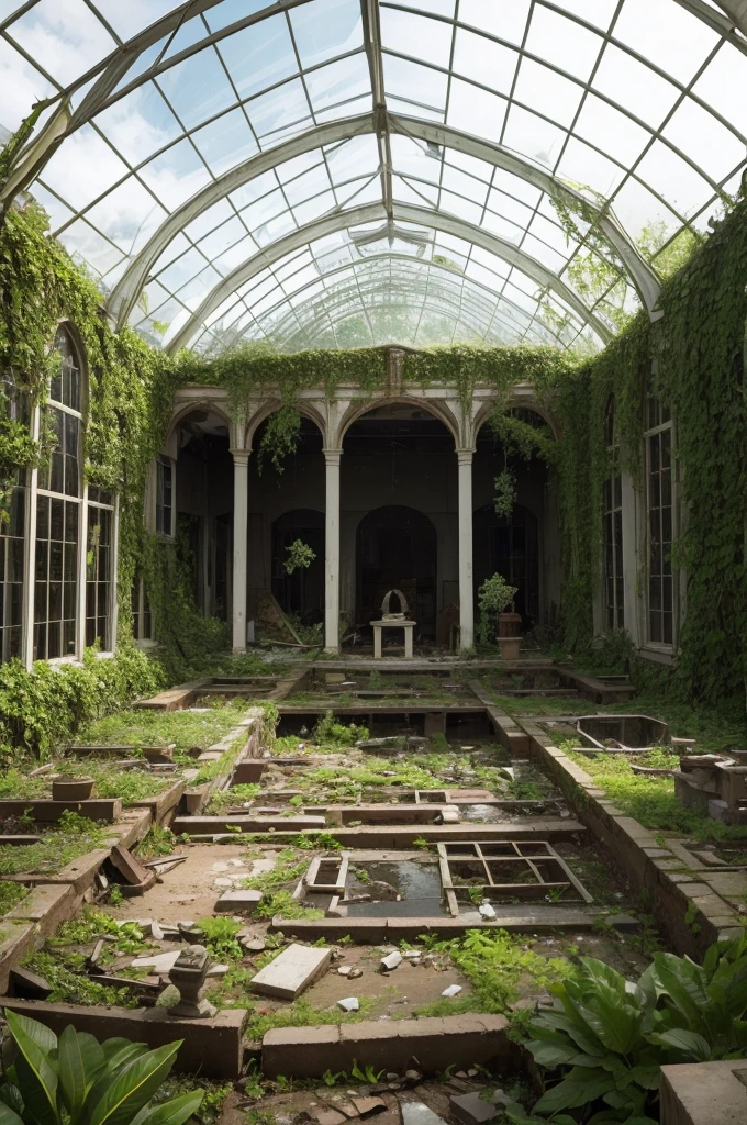 A destroyed greenhouse with a forest to the left, in front of the greenhouse a path to a saddler also destroyed and to the right of the greenhouse 4 broken statues and a large round mirror that shows all the saddler's contributions, the greenhouse and the statues are all new