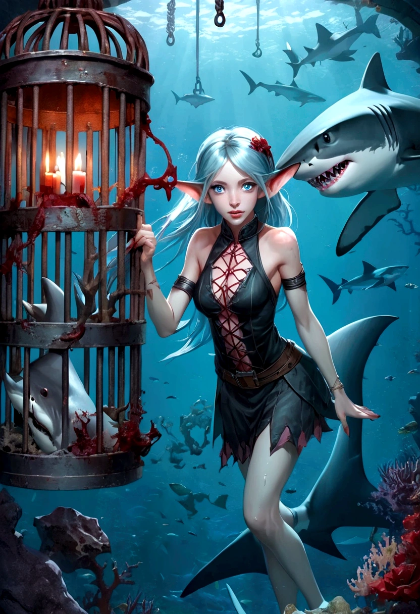 Fantasy Undersea，(((被Iron Cage的Shark Elf Girl:1.37)))，blue eyes，Sharp Fangs，Shark fin feature on back，look back,Blood stains at the corners of mouth，fierce，close up，Dilapidated cabin of a sunken ship，Zombie style，Alternative，hand，Experiments，Gene fission，Mutations，Iron Cage