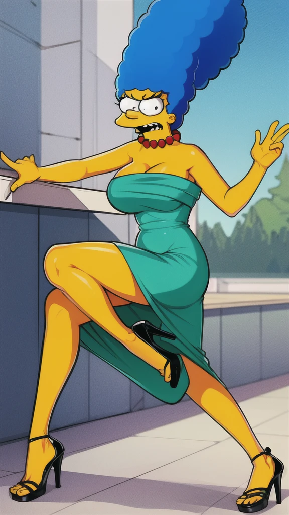 marge simpson, blue hair, red necklace, extra large breasts, cleavage, colored skin, yellow skin, green small dress, angry, open-toe platform high heels, visible feet,  upskirt
