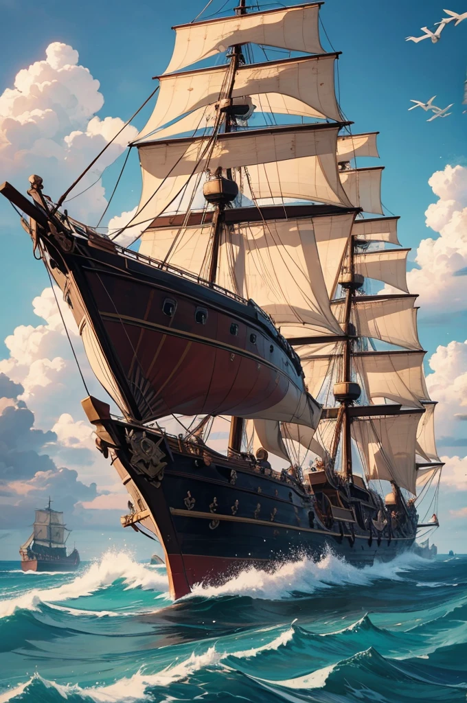 pirate ship sailing and in combat, pirate ship in battle, Masterpiece, artwork