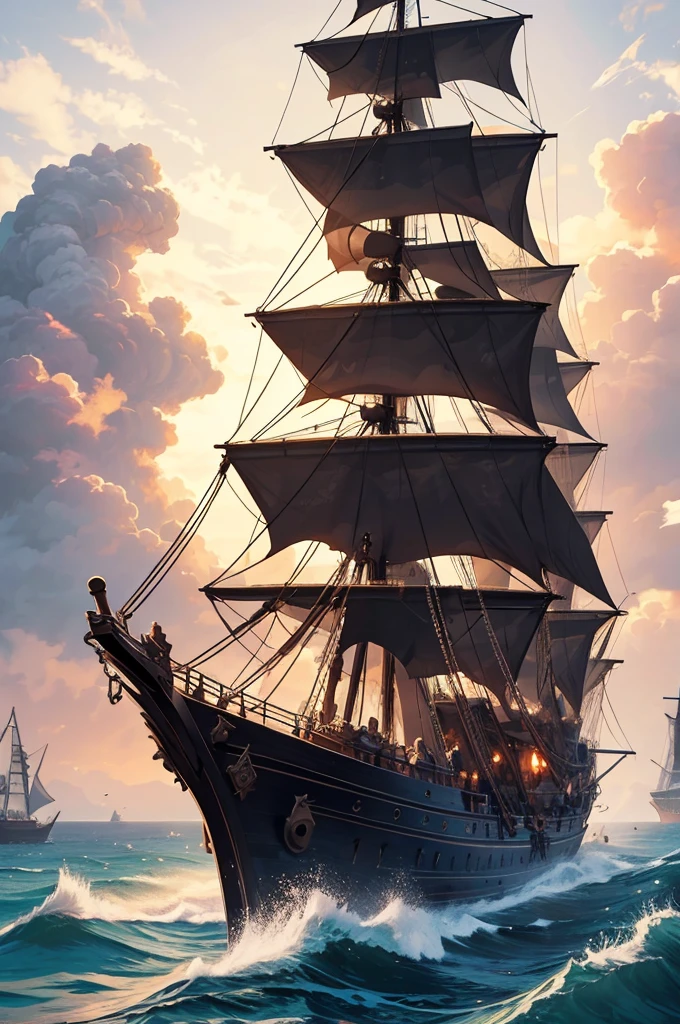 pirate ship sailing and in combat, pirate ship in battle, Masterpiece, artwork