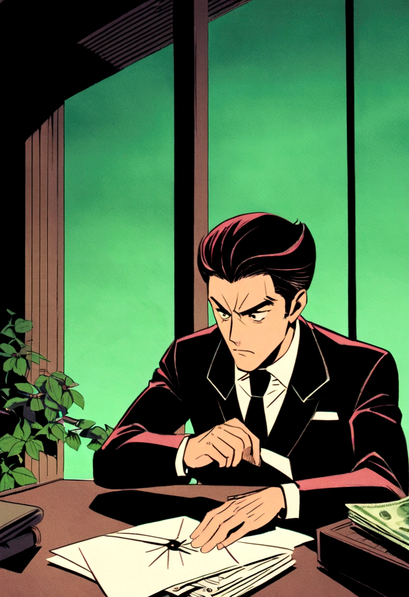 Create a vintage illustration of a businessman handing an envelope of cash to his employee in a classic 1940s-1960s office. The entrepreneur, well dressed and serious, demonstrates seriousness while the employee, young and serious, expresses gratitude. Use colors and elements typical of the time to create a nostalgic and retro atmosphere.