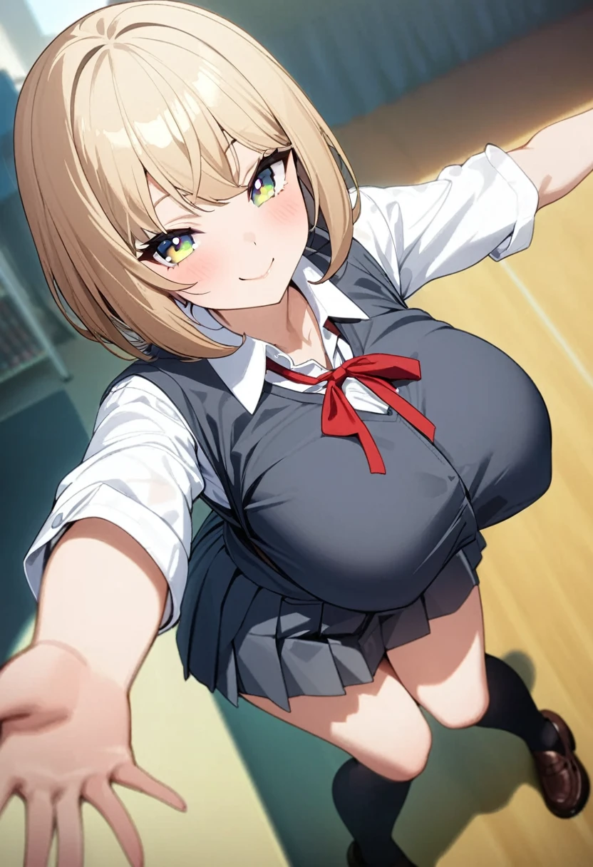 1 girl, solo, tall girl, beige hair,short beige hair, straight short hair, golr eyes, (high school uniform:1.2), (Full Breasts), glamorous, High Height, masterpiece, from front, upper body, high resolution, shiny, full body, beautiful, A cute smile that makes the viewer happy, highly detailed beautiful face and eyes, looking at viewer, in the school classroom,