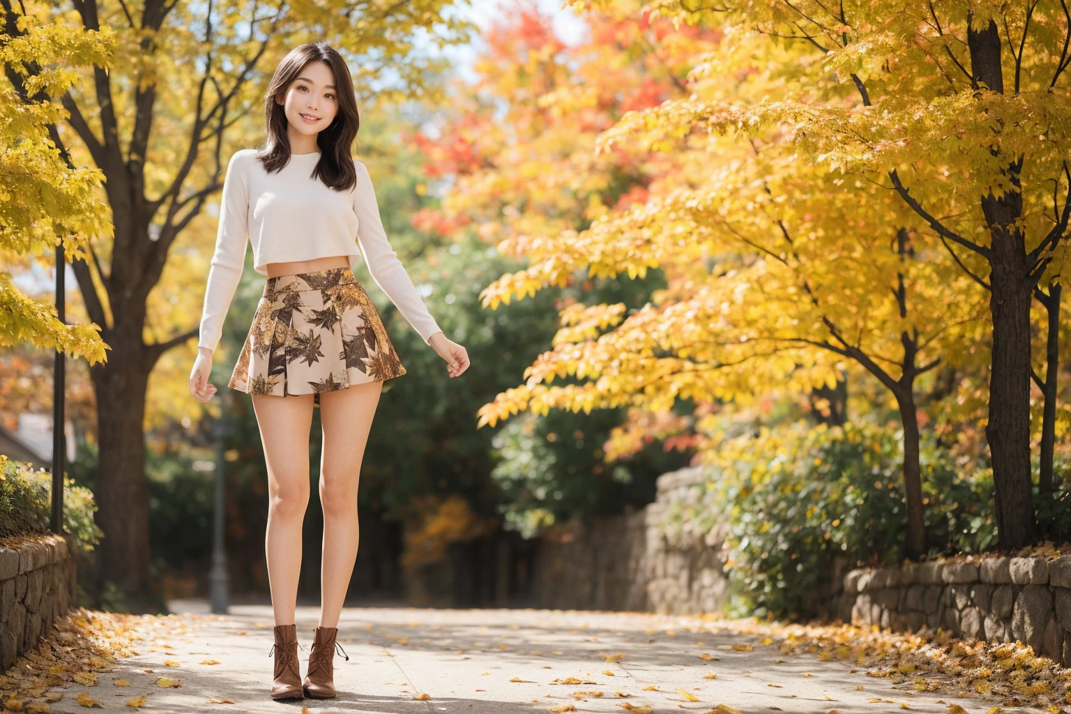 Standing in a mini skirt, her legs are super pretty　Autumn leaves background　Photo style　Fairytale