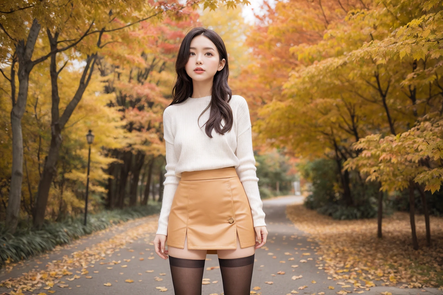Standing in a mini skirt, her legs are super pretty Autumn leaves background Photo style Fairytale