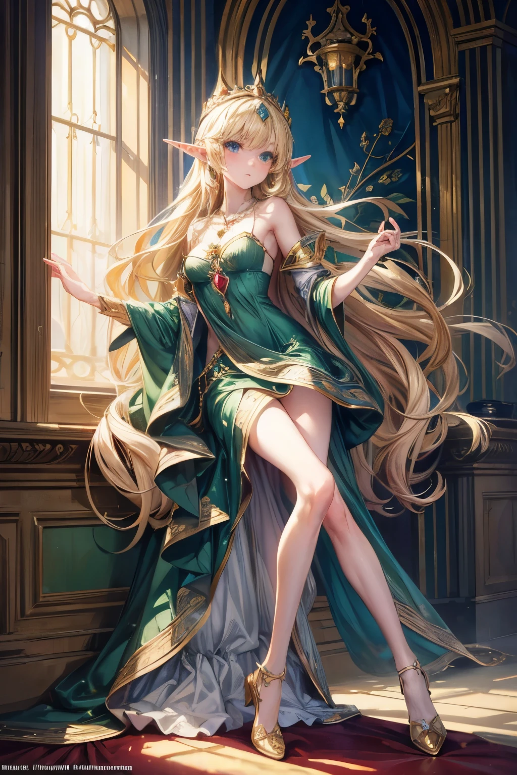 masterpiece,Highest quality,Very detailed,Dancing Elf Girl, teenager,Long blonde hair,Very beautiful and detailed eyes,Thin legs,Long skirt, underweight,Small breasts, full body,Beautiful peppermint green dress,Large ruby necklace,gem,Luxurious cape,A luxurious palace