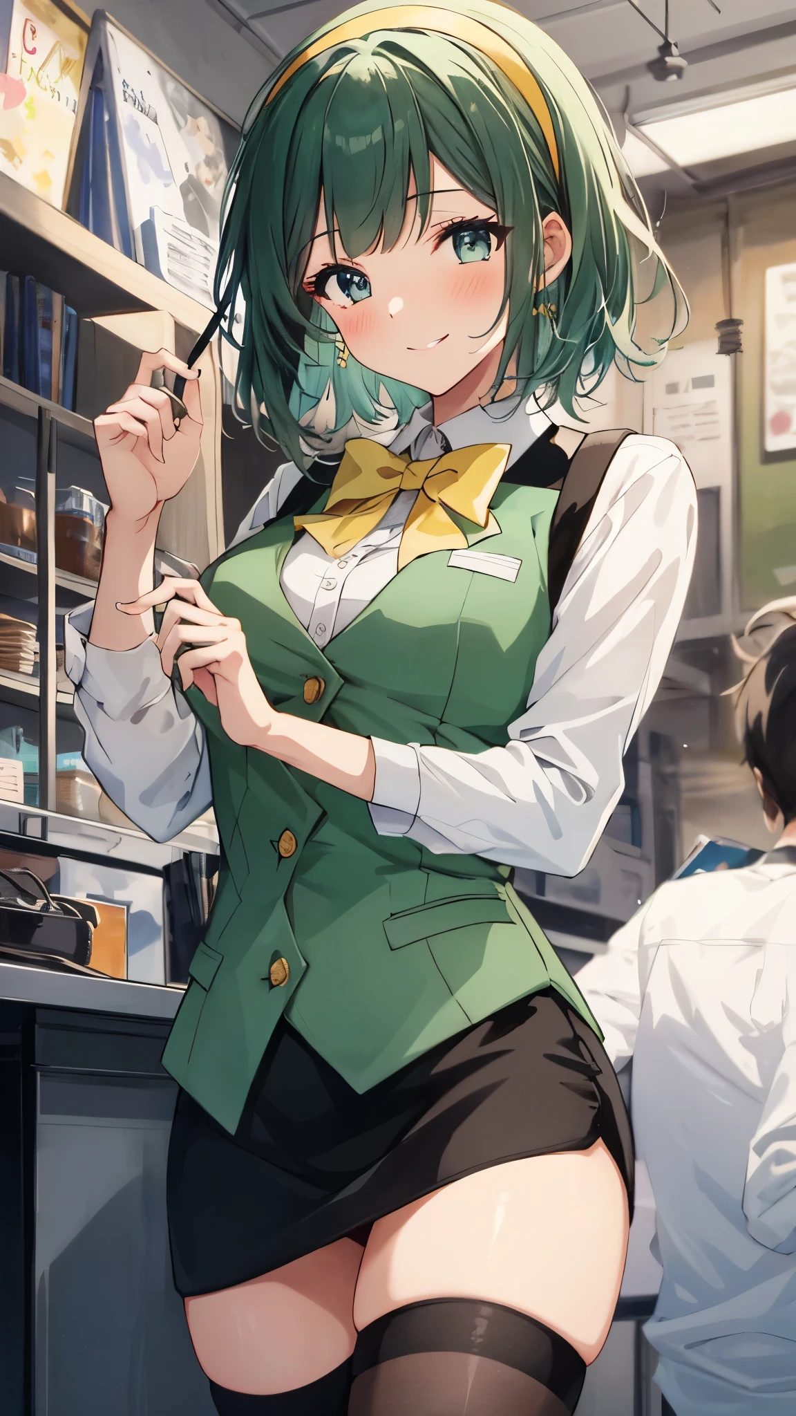 1girl, solo, Otonashi Kotori, short hair, hairband, thighhighs, black skirt, yellow bowtie, white shirt, green vest, standing, cowboy shot, Naughty smile、large breasts 、Super Mini Pencil Skirt、blush,white panty,masterpiece,Noise Reduction,perfect anatomy,high resolution, ultra-detailed,game cg,dutch angle ,beautiful detailed eyes,visualart,five fingers, perfect hands, perfect lighting,