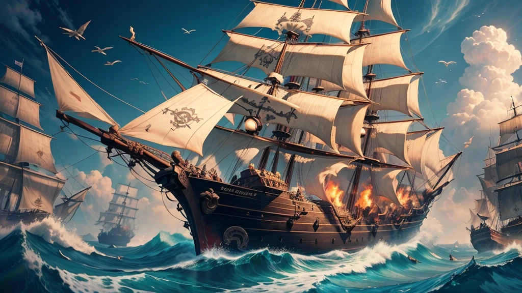 pirate ship sailing and in combat, pirate ship in battle, Masterpiece, artwork