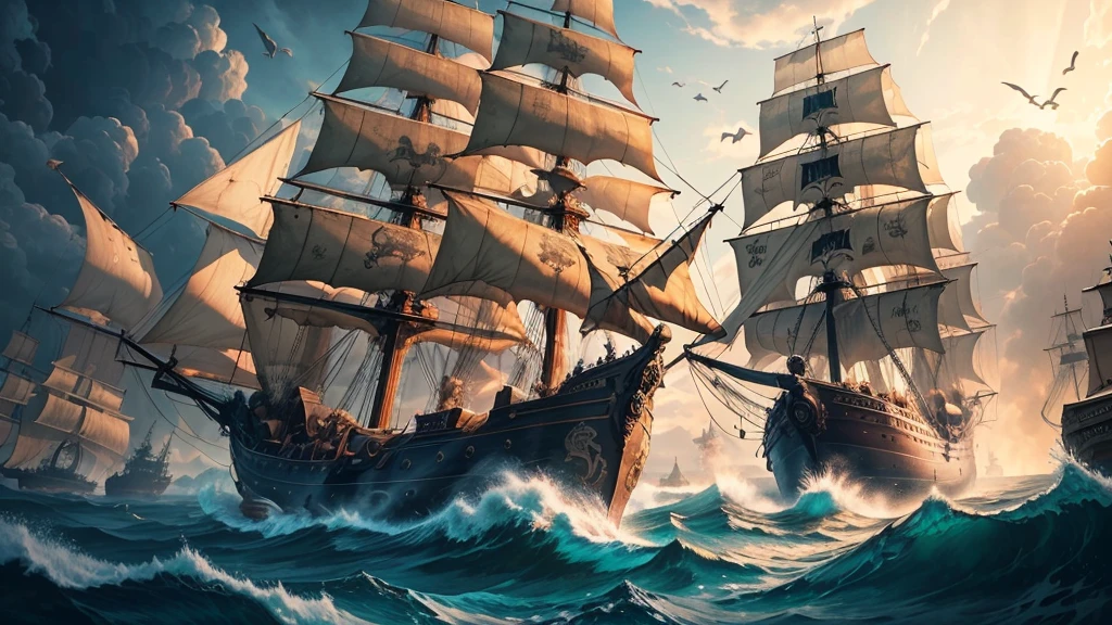 pirate ship sailing and in combat, pirate ship in battle, Masterpiece, artwork