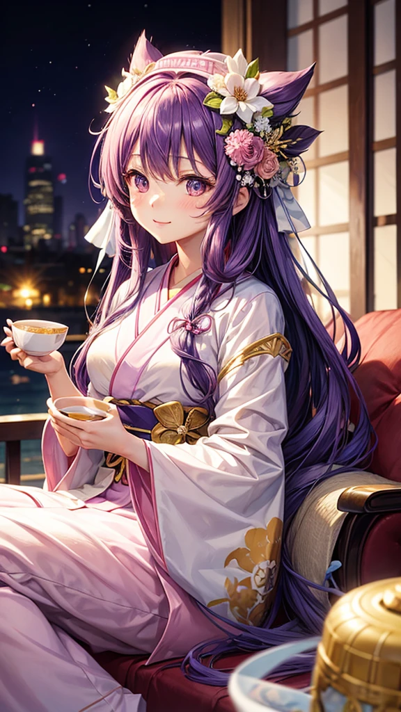 A young woman with long purple hair, wearing a white and pink kimono with a large flower on her head, holds a cup of tea in her hands. She has a gentle smile on her face and is surrounded by a delicate aura. The background is a soft pink and purple with a hint of gold.

[Anime style, soft and delicate, inspired by the works of Mihoyo and Pixiv artists], [soft lighting, pastel colors, smooth textures, slight blur effect on the background, shallow depth of field]