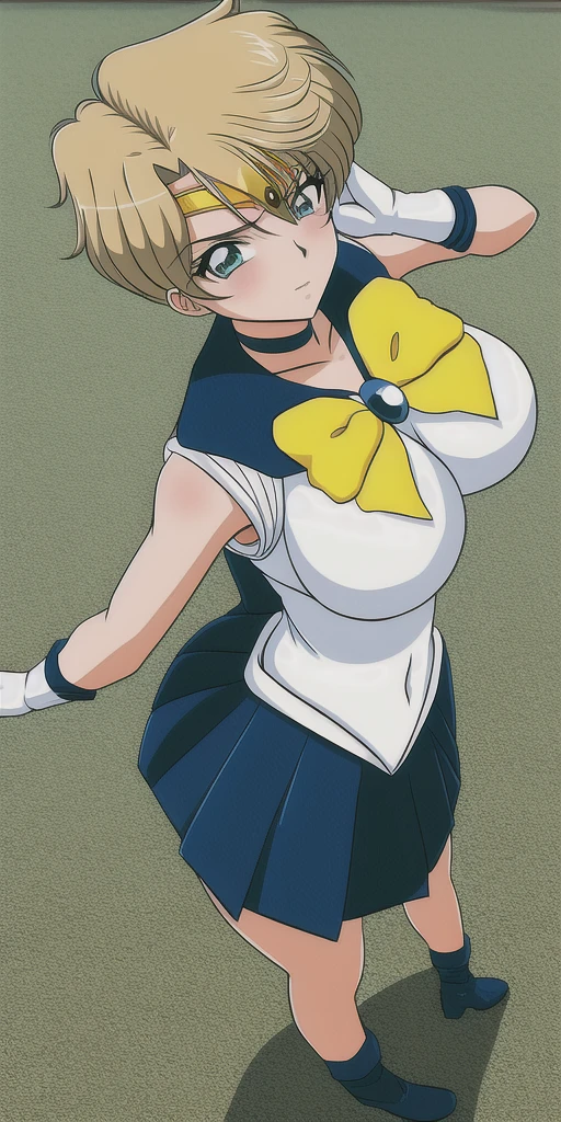 masterpiece, best_quality, highres, TenouHaruka, big_breasts, UranusSailorCollar, UranusSenshiUniform, UranusBow, UranusChoker, UranusTiara, UranusSenshiCollar, UranusGloves, UranusSkirt, Uranus_shoes, UranusShoes, UranusBackbow, 1girl, solo, standing