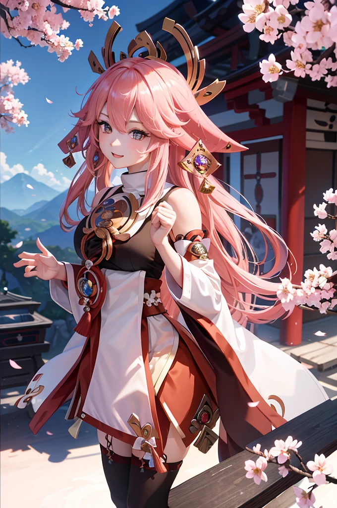 Hair ties, folder, Long eyelashes, Round eyes, A light smile, Ear brush, teeth, Surrealism, Cast a Shadow, Anaglyph, Stereogram, tachi-e, throw, Atmospheric perspective, 8K, Super detailed, Accurate, Highest quality，girl，((Yae Miko in Genshin，Genshin Impact)), Cherry blossom petals surround her, Best Anime，桜の木の前で剣を持っている長い髪のアニメのgirl, anime art wallpaper 4k,A little bit of side boob is visible、White Shrine Maiden Costume
