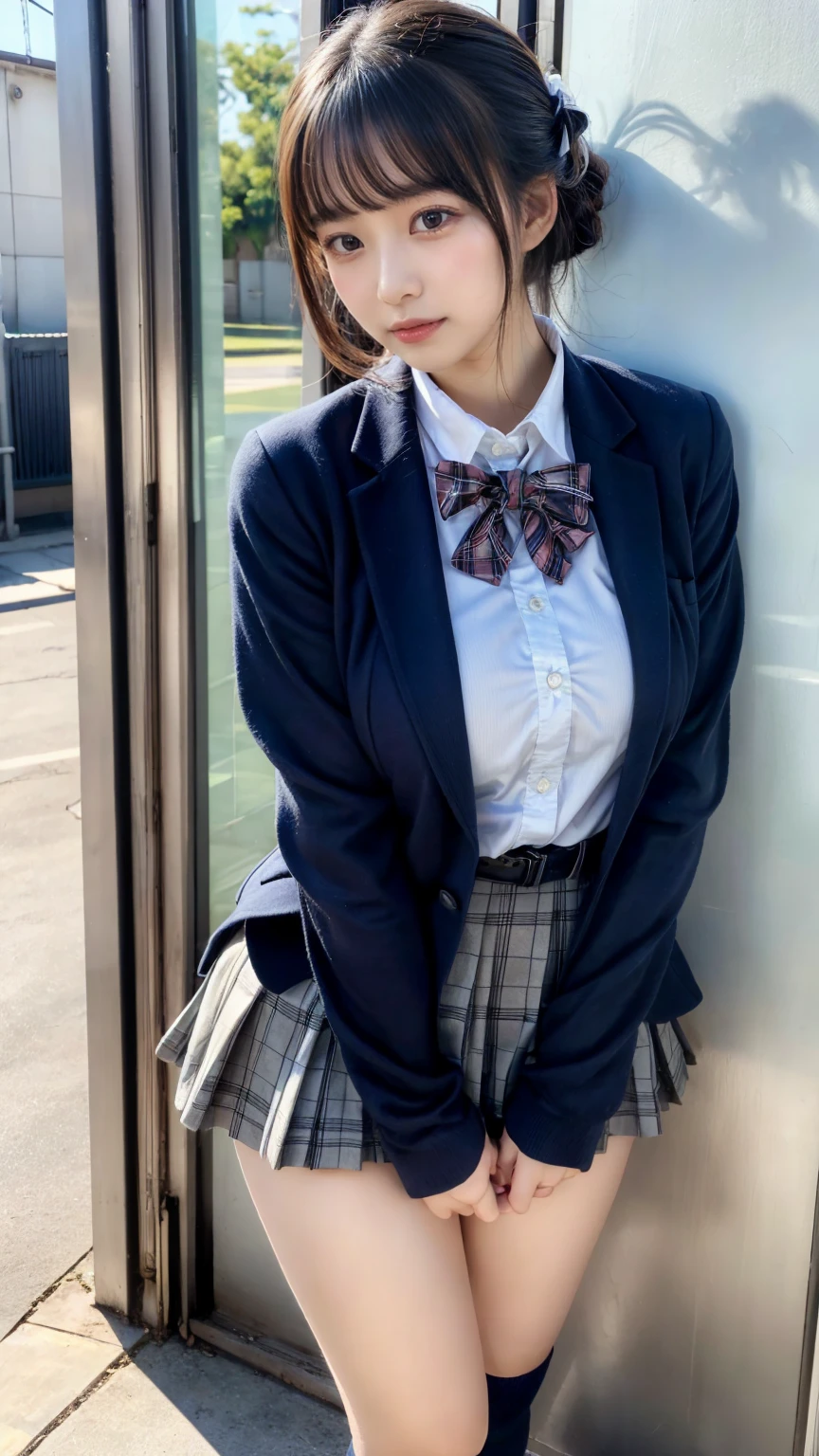 masterpiece, best quality, illustration, Super detailed, fine details, High resolution, 8K,wall paper, perfect dynamic composition,(Details High quality, realistic depiction of eyes:1.3), from side, High School Classroom、High school girl uniform、blazer 、Super Short Check Uniform Skirt、Navy blue high socks、garterbelts、plump breasts, Disturbed uniform,  (updo:1.2), black hair color, large breasts, Big Natural Color Lip, bold sexy pose, (perfect body shape), crying a little、20 year old girl、cute type, beautiful legs, hposing Gravure Idol, Voluptuous thighs