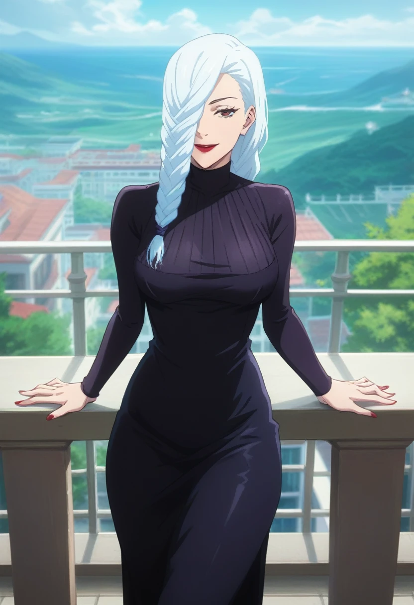 score_9, score_8_up, score_7_up, score_6_up, h1m3n0, 1girl, , mature female,  Mei Mei , white braided hair, hair over one eye, red lips, black tight dress, seductive smile, balcony, seductive pose