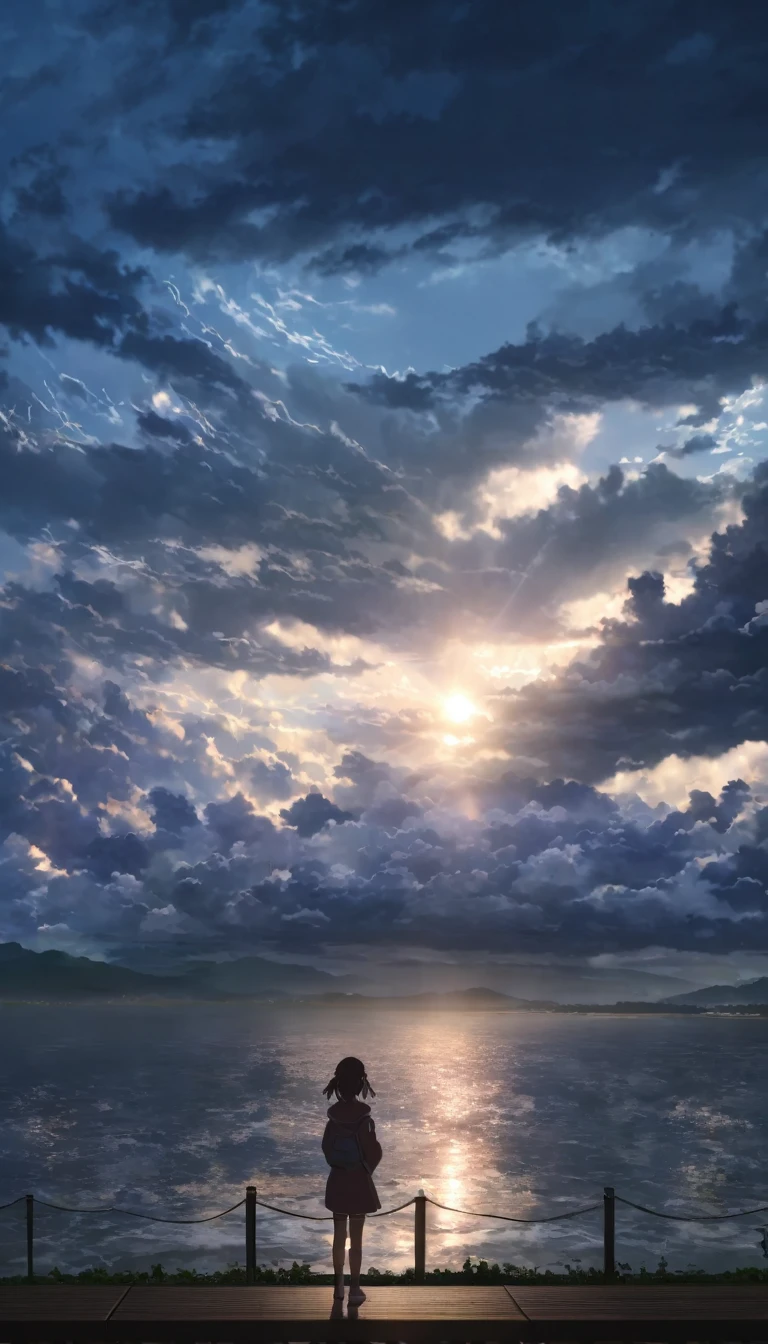 a young girl watching the beautiful weather before the storm ultra realistic anime style 8k