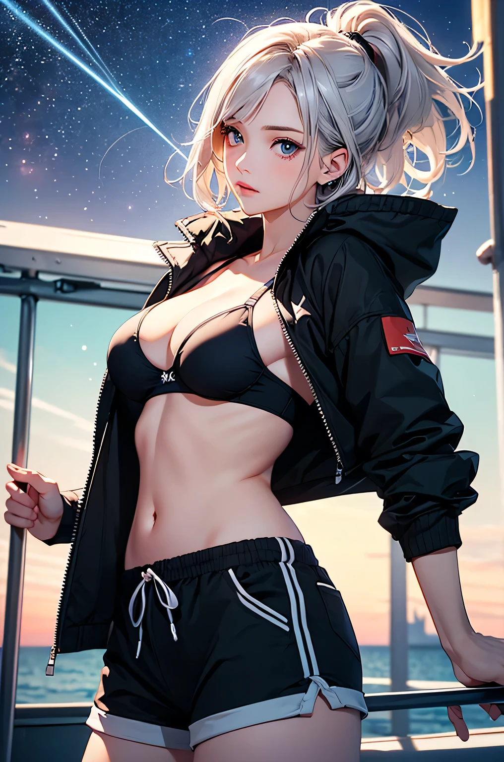 (masterpiece:1.5, Highest quality, Very detailed、 Dutch Angle、Realistic、2.5D、Realistic)(One Girl, Sports Girl)(Silver Hair:1.6,,short hair)(Sports Bra、Jacket:1.5、Shorts、tightedium breasts, Beautiful cleavage,underboob))(from backside),(Beautiful starry sky、Mystical Night、Particles of light float around the woman、Fantastic space、Ocean、On the boat)