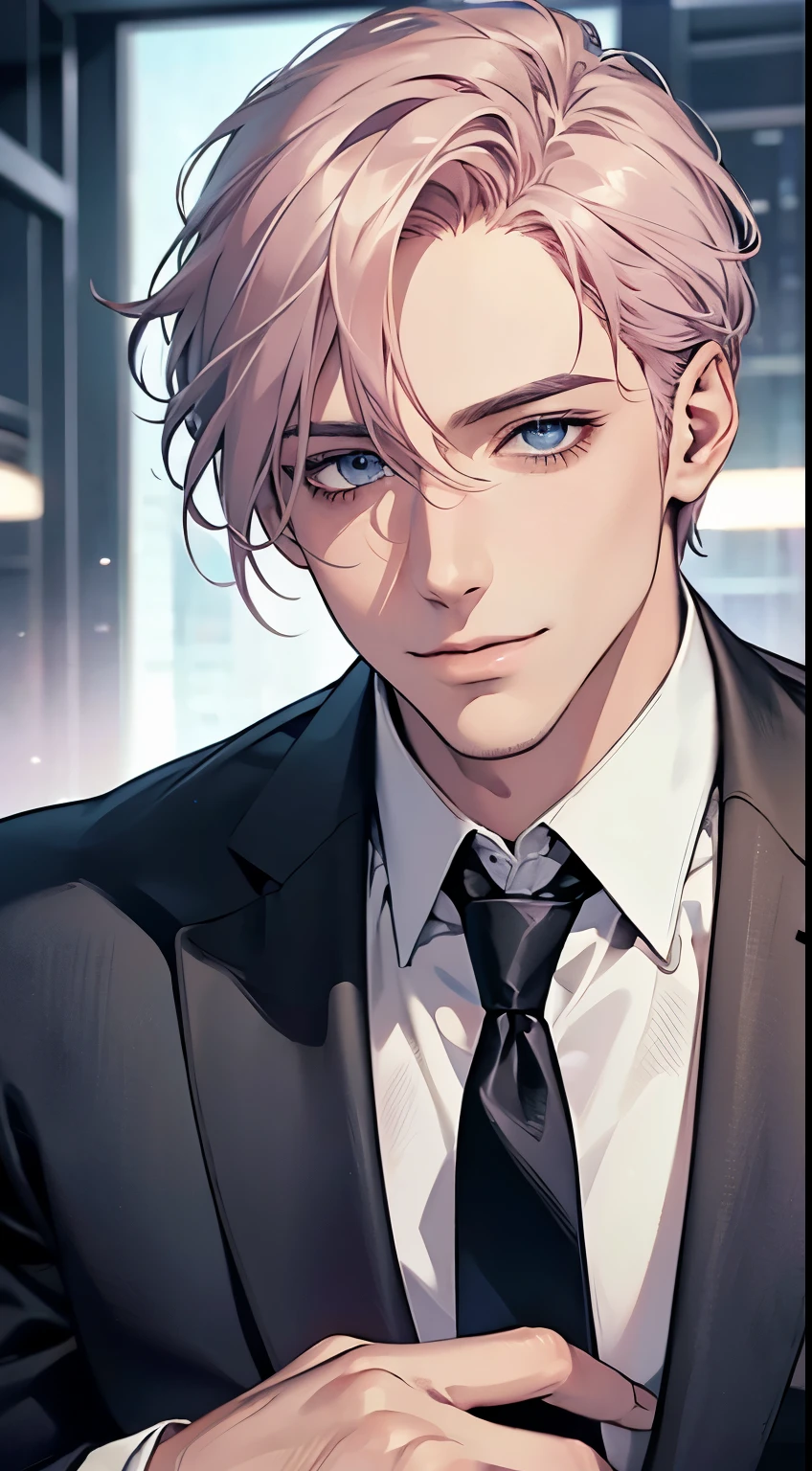 (Highest quality,4K,8K,High resolution,masterpiece:1.2),Super detailed,(Realistic,photoRealistic,photo-Realistic:1.37),1 person,31 years old,Mature Men,Beautiful skin、very handsome,Expressionless,smile,Short gray pink hair,blue eyes,Sharp Eyes,A perfect face without a doubt,Businessman,Office Background,Cinema Lighting,HDR image,tie、