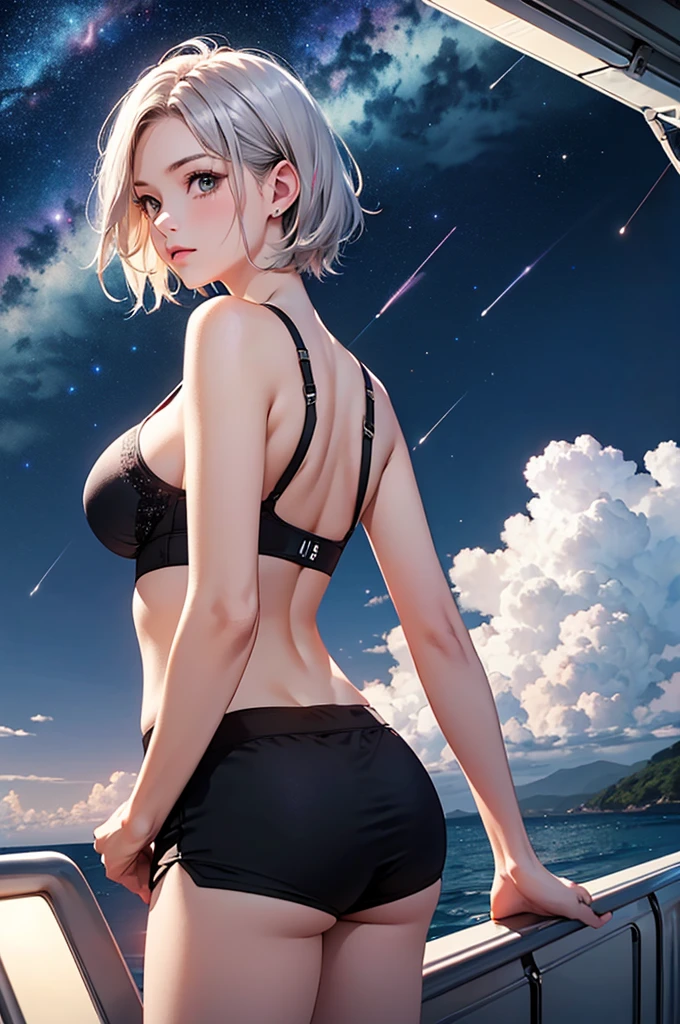 (masterpiece:1.5, Highest quality, Very detailed、 Dutch Angle、Realistic、2.5D、Realistic)(One Girl, Sports Girl)(Silver Hair:1.6,,short hair)(Sports Bra、Jacket:1.5、Shorts、tightedium breasts, Beautiful cleavage,underboob))(from backside),(Beautiful starry sky、Mystical Night、Particles of light float around the woman、Fantastic space、Ocean、On the boat)
