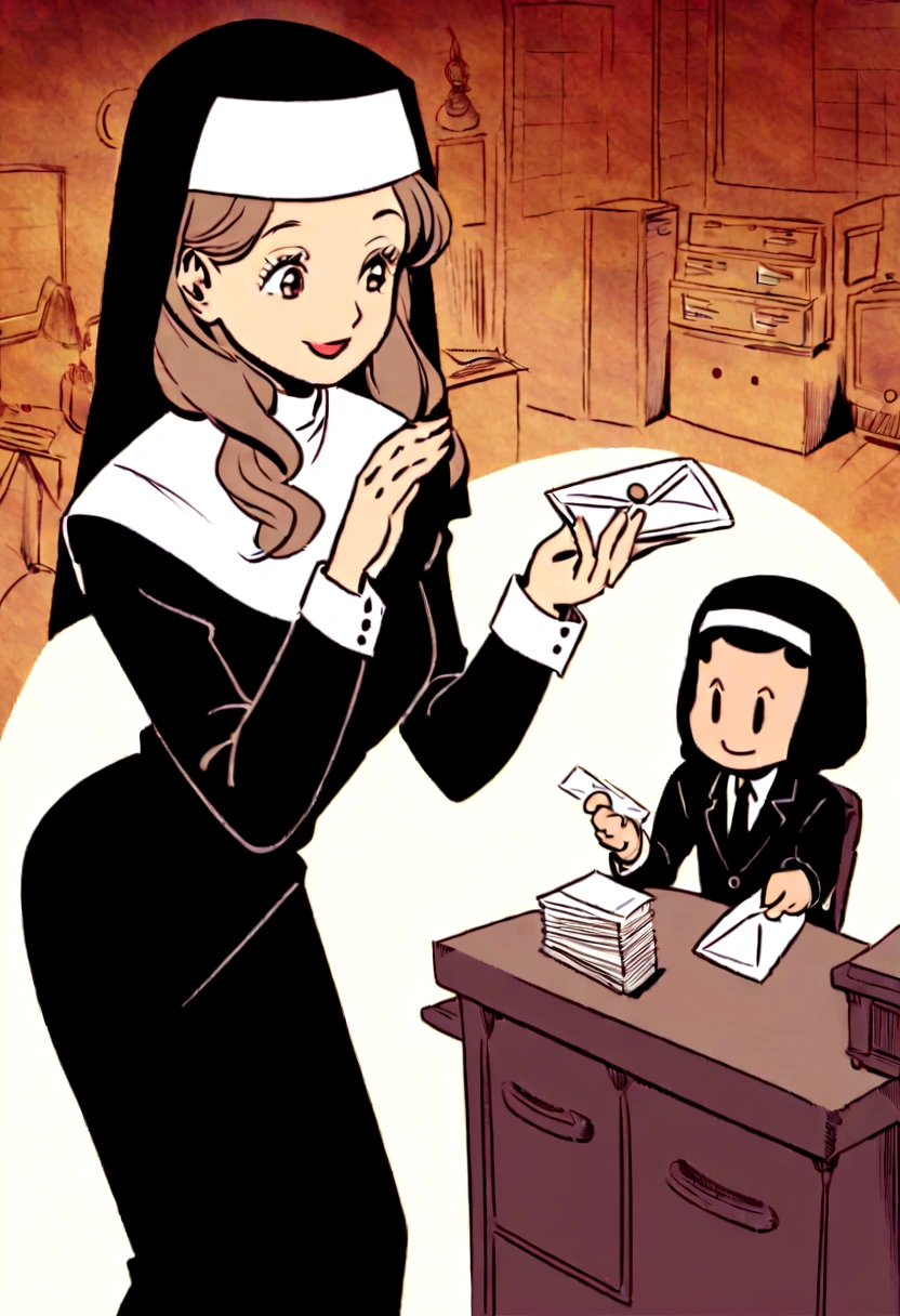 Create a vintage illustration of a businessman handing an envelope of cash to his employee in a classic 1940s-1960s office. The entrepreneur, nun dress, demonstrates generosity while the employee expresses gratitude. Use colors and elements typical of the time to create a nostalgic and retro atmosphere.