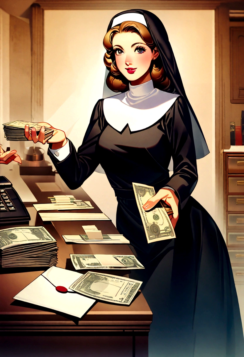 Create a vintage illustration of a businessman handing an envelope of cash to his employee in a classic 1940s-1960s office. The entrepreneur, nun dress, demonstrates generosity while the employee expresses gratitude. Use colors and elements typical of the time to create a nostalgic and retro atmosphere.