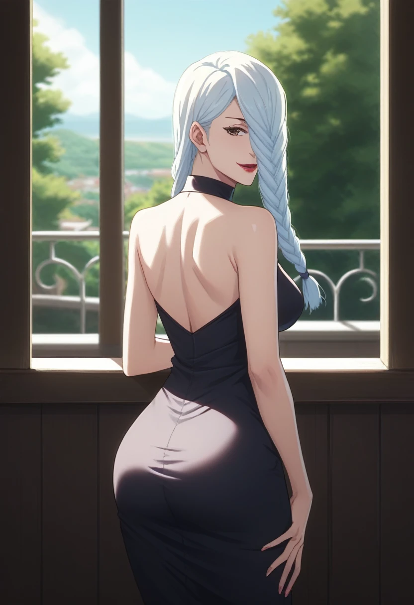 score_9, score_8_up, score_7_up, score_6_up, h1m3n0, 1girl, , mature female,  Mei Mei , white braided hair, hair over one eye, red lips, black tight dress, seductive smile, balcony, seductive pose, bend over, looking back and showing her ass, from behind