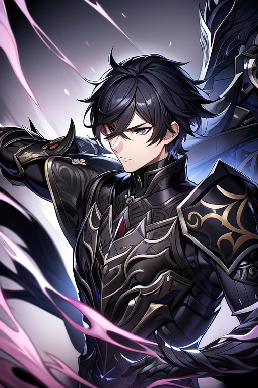 (work of art, best qualityer, face perfect, expressive eyes), Black Knight Armor, black leather cover, details Intricate, black breastplate, a male anime,single character, short black hair with white highlights, barba, visual novel sprite, detailed black armor, high qualiy, cinematic, dramatic pose, details Intricate, swirly vibrant colors, work of art, impacto genshin. 