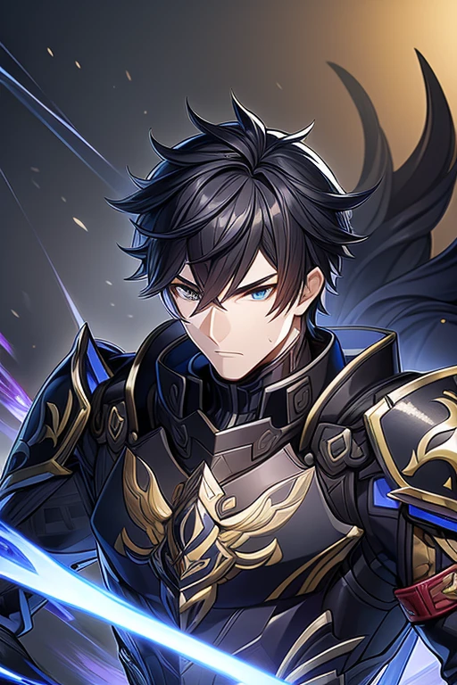 (work of art, best qualityer, face perfect, expressive eyes), Black Knight Armor, black leather cover, details Intricate, black breastplate, a male anime,single character, short black hair with white highlights, barba, visual novel sprite, detailed black armor, high qualiy, cinematic, dramatic pose, details Intricate, swirly vibrant colors, work of art, impacto genshin.