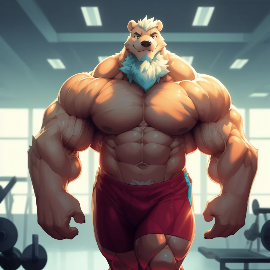 there is a large of a grizzly bear with a beard and a beard, muscular character, large muscles, big muscles, muscular characters, massive muscles, brown fur, wojtek fus, big muscle, rolands zilvinskis 3d render art, huge muscles, wrinkles and muscles, bulging muscles, stunning digital illustration, by Adrian Zingg, by Aleksander Gine, strong and imposing