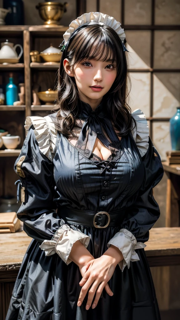 (Absurdly , high quality , Super detailed:1.2 ) ,( Handcrafted details ) , (Highly detailed beautiful face:1.2),masterpiece, Highest quality, High resolution, Absurd, 8K, 4K, Official Art,, , (flat_color:0.9),, , One girl, big_chest, Maid clothes, 灰colorの髪の毛, , , ((Natural big breasts:1.0))