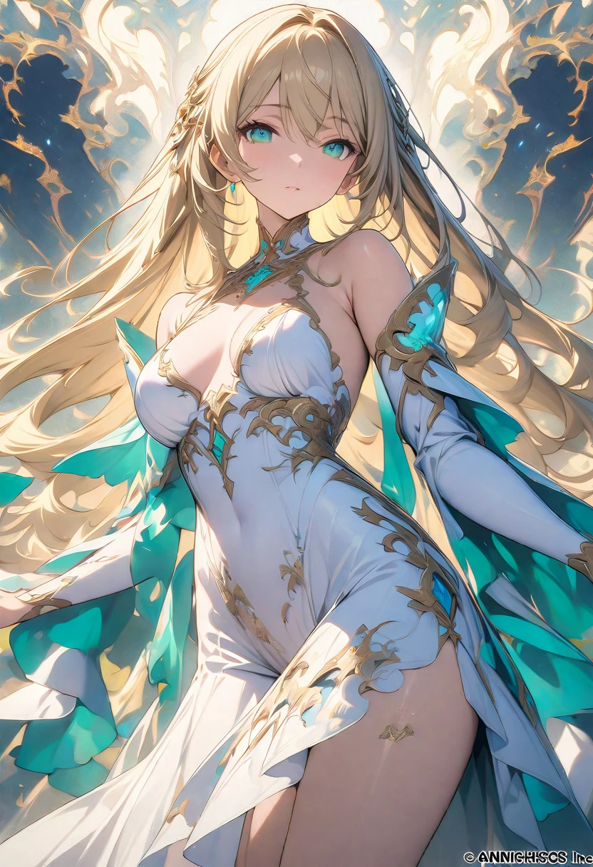 (masterpiece, Highest quality, Highest quality, Official Art, Beauty and aesthetics: 1.2), (One girl: 1.3), (Fractal Art: 1.3), euphilia, One Girl,Anime girl with long blonde hair and dark turquoise eyes in a white dress, Green Eyes,Beautiful Eyes, Elegant face,