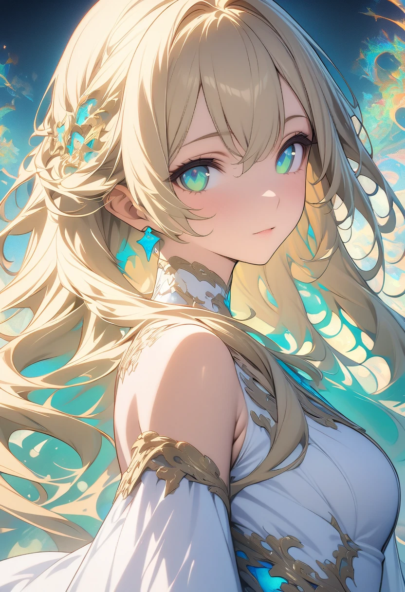 (masterpiece, Highest quality, Highest quality, Official Art, Beauty and aesthetics: 1.2), (One girl: 1.3), (Fractal Art: 1.3), euphilia, One Girl,Anime girl with long blonde hair and dark turquoise eyes in a white dress, Green Eyes,Beautiful Eyes, Elegant face,