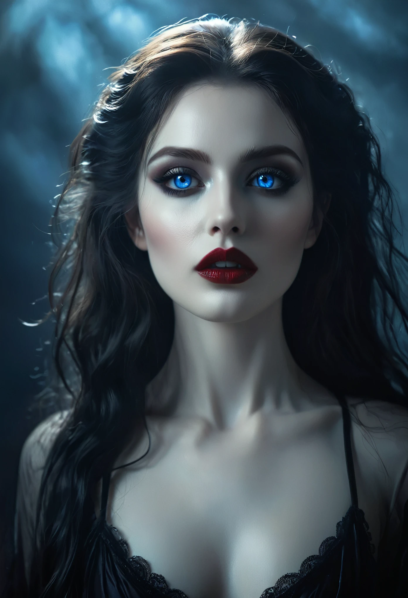 seductive, (masterpiece), ultra-realistic, portrait of a beautiful pale skinned vampire, black enamel, light makeup, bright blue eyes, dark and gloomy environment, detailed facial features, dramatic lighting, moody atmosphere, cinematic composition, photorealistic, high contrast, chiaroscuro, dark fantasy, gothic style, (She is half French, and is a stunning beauty with detailed eyes and a high nose:1.1), thick eyebrows, detailed facial features, long graceful neck, flowing locks of hair, poised and elegant posture, dreamy atmosphere, Surrealism, mystical aura, Charlie Bowater, Long canines visible from lips, seductive