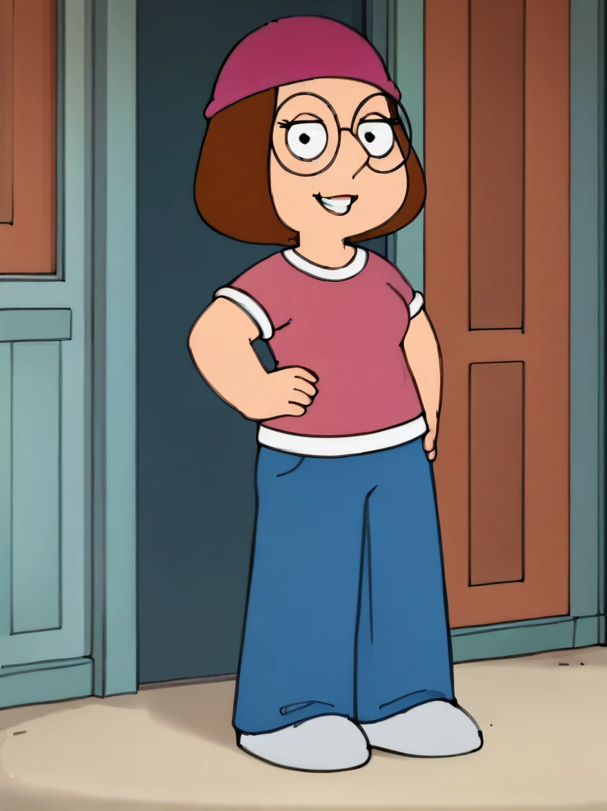 meg, brown hair, 1girl, glasses, solo, short hair, flat color, blue pants, beanie, pink shirt,standing, hand on own hip, looking at viewer, smile, score_9, score_8_up, score_7_up, score_6_up, score_5_up, score_4_up