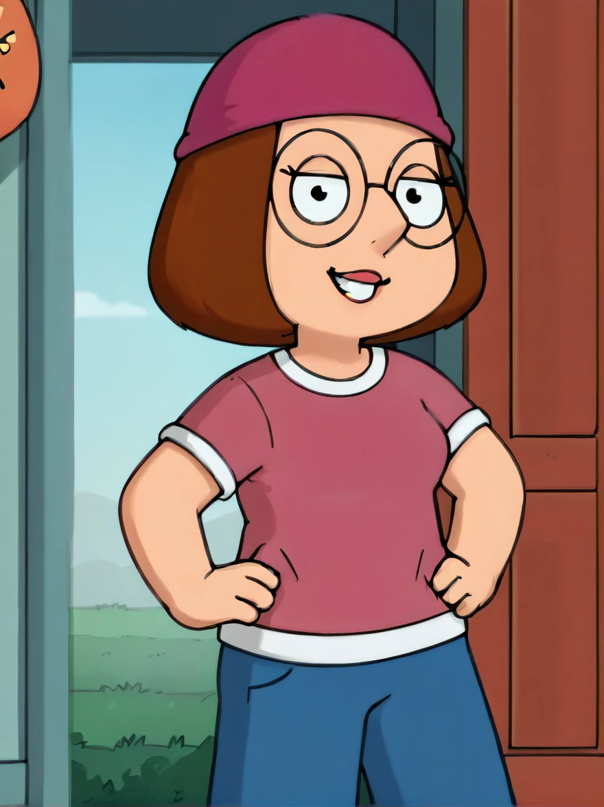 meg, brown hair, 1girl, glasses, solo, short hair, flat color, blue pants, beanie, pink shirt,standing, hand on own hip, looking at viewer, smile, score_9, score_8_up, score_7_up, score_6_up, score_5_up, score_4_up