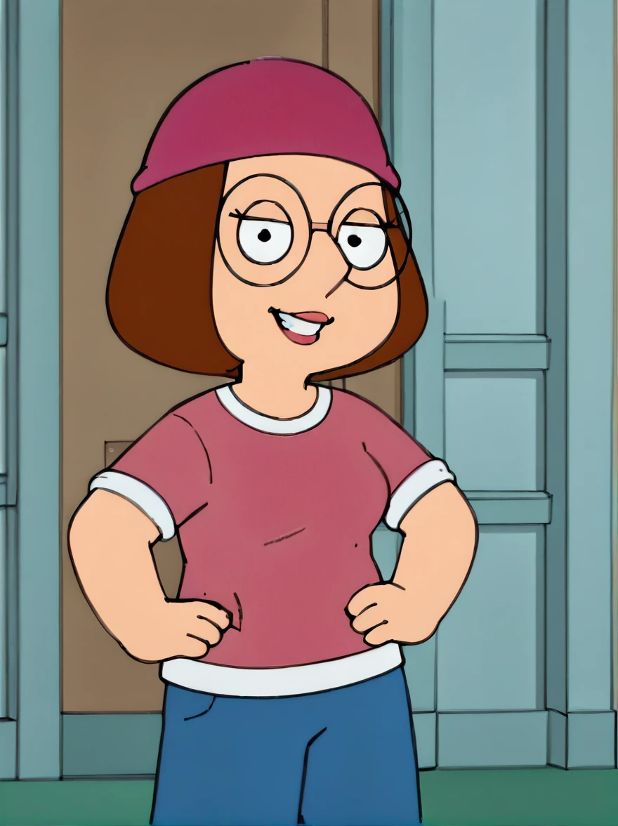 meg, brown hair, 1girl, glasses, solo, short hair, flat color, blue pants, beanie, pink shirt,standing, hand on own hip,  looking at viewer, smile, score_9, score_8_up, score_7_up, score_6_up, score_5_up, score_4_up