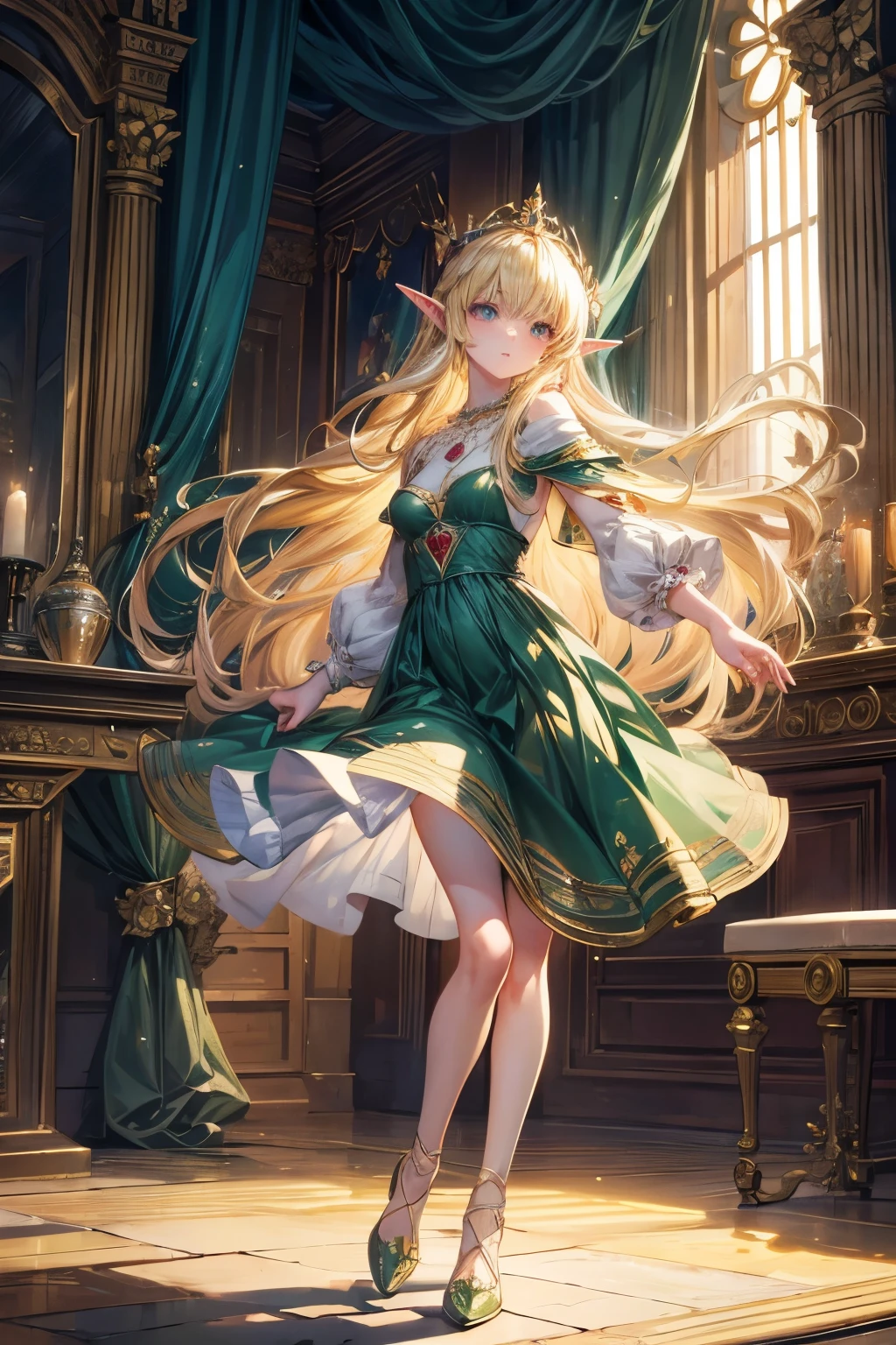 masterpiece,Highest quality,Very detailed,Dancing Elf Girl, teenager,Long blonde hair,Very beautiful and detailed eyes,Thin legs,Long skirt, underweight,Small breasts, full body,Beautiful peppermint green dress,Large ruby necklace,gem,Luxurious cape,A luxurious palace