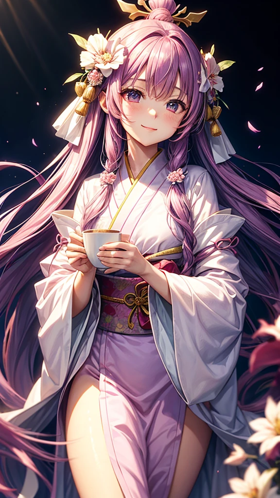 A young woman with long purple hair, wearing a white and pink kimono with a large flower on her head, holds a cup of tea in her hands. She has a gentle smile on her face and is surrounded by a delicate aura. The background is a soft pink and purple with a hint of gold.

[Anime style, soft and delicate, inspired by the works of Mihoyo and Pixiv artists], [soft lighting, pastel colors, smooth textures, slight blur effect on the background, shallow depth of field]