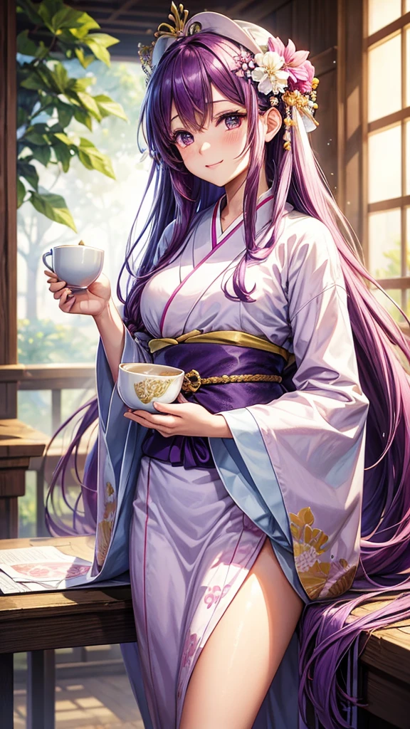A young woman with long purple hair, wearing a white and pink kimono with a large flower on her head, holds a cup of tea in her hands. She has a gentle smile on her face and is surrounded by a delicate aura. The background is a soft pink and purple with a hint of gold.

[Anime style, soft and delicate, inspired by the works of Mihoyo and Pixiv artists], [soft lighting, pastel colors, smooth textures, slight blur effect on the background, shallow depth of field]