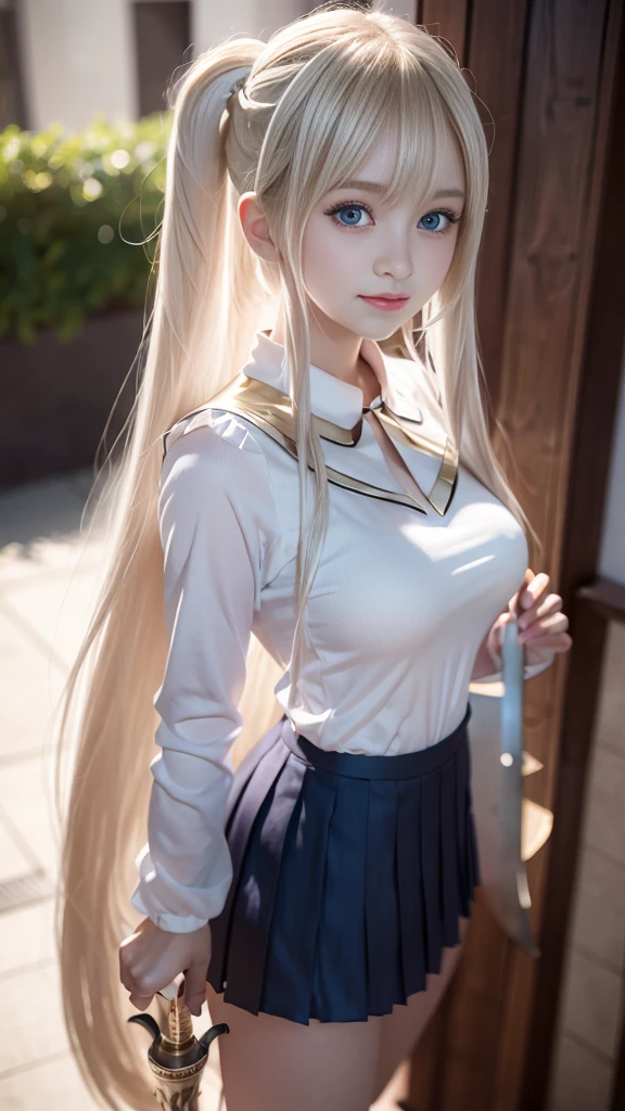 bright expression、braided pigtails、young and shiny white shiny skin、Best Looks、Gold reflects light、Platinum blonde hair,Shine brightly、Shiny light hair,、Super long silky straight hair、Beautiful bangs that shine、Big blue eyes that sparkle like crystal clear and charming、Very nice and lovely 25 year old woman with big breasts、Lush bust,Beautiful detailed eyes, Beautiful detailed nose,(( full bodyesbian:1.25)),Eyes emphasize makeup、((Mini pleated skirt,Multi-folded)),(A woman like Joan of Arc)、s Armor、Knights, With a sword and shield,Royal style, , Sub-surface scattering, ornate detail, nature backdrop, Hyper-realistic, Cinematic, Dramatic lighting, masutepiece、(((Fight with a sword in both hands)))、Fluffy, smiling woman, lipglos